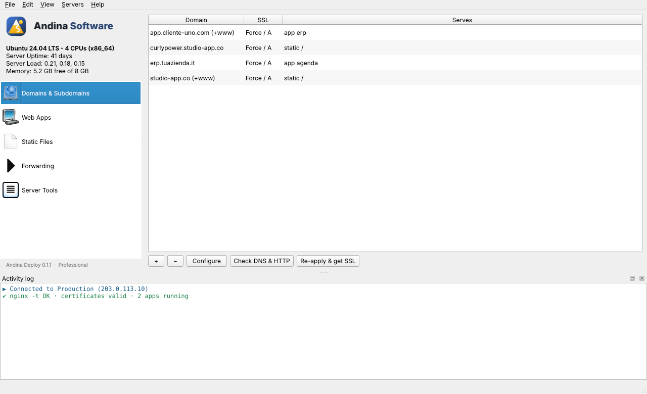 Andina Deploy, Domains page with the list of domains