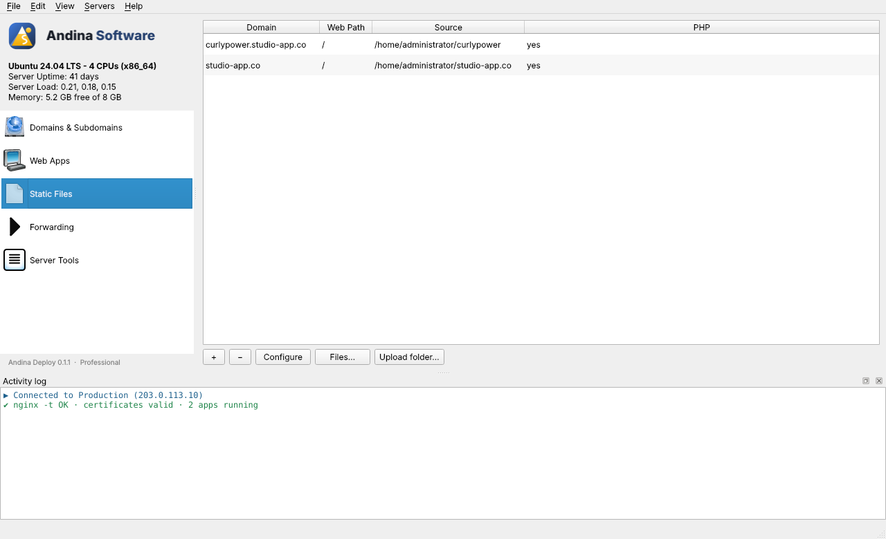 Andina Deploy, Static Files page with two PHP sites