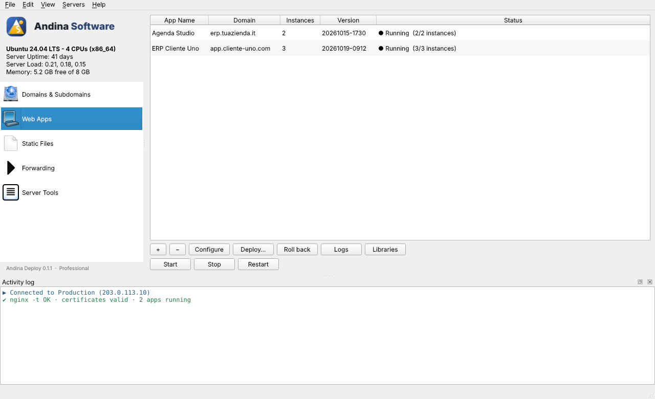 Andina Deploy, Web Apps page, two apps running with several instances each